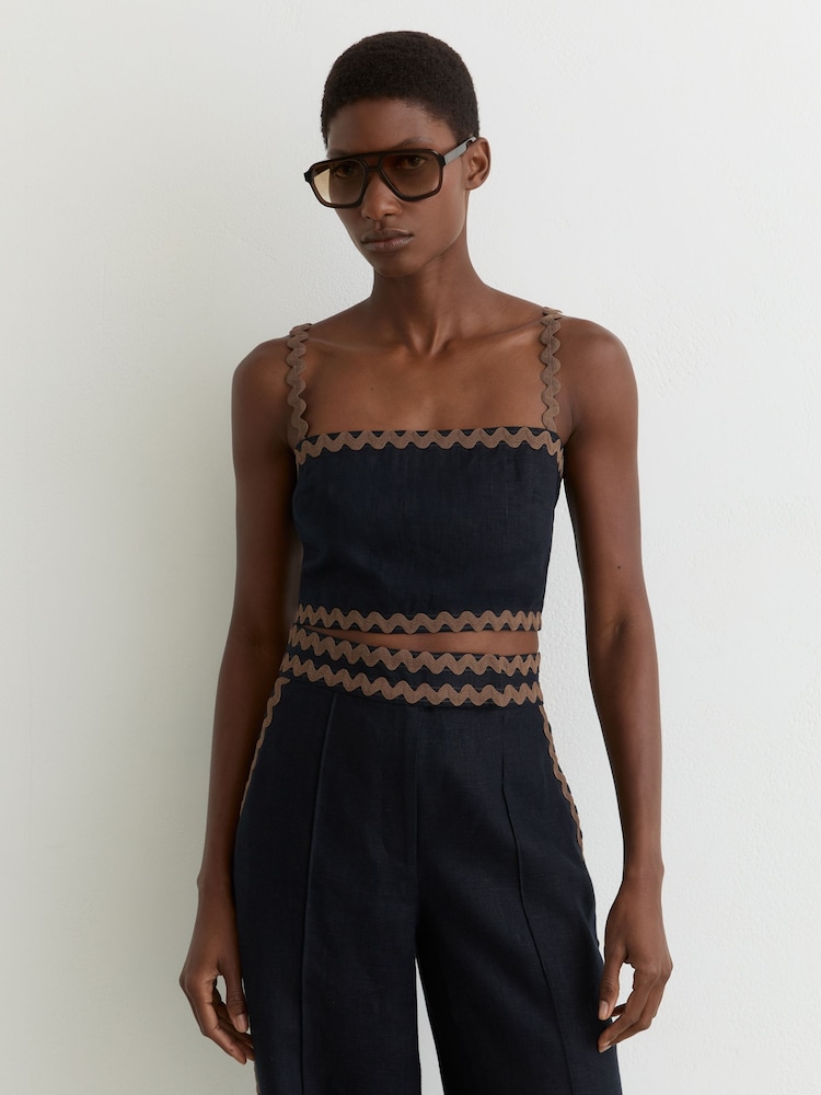 Reiss Navy/Brown Mila Linen Wave-Trim Cropped Cami Top - Image 1 of 6 Reiss Navy/Brown Mila Linen Wave-Trim Cropped Cami Top - Image 1 of 6