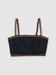 Reiss Navy/Brown Mila Linen Wave-Trim Cropped Cami Top - Image 2 of 6