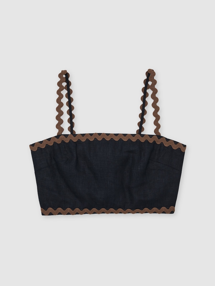 Reiss Navy/Brown Mila Linen Wave-Trim Cropped Cami Top - Image 2 of 6 Reiss Navy/Brown Mila Linen Wave-Trim Cropped Cami Top - Image 2 of 6