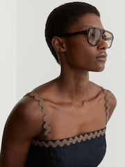 Reiss Navy/Brown Mila Linen Wave-Trim Cropped Cami Top - Image 4 of 6