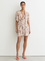 Reiss Neutral Luna Metallic-Floral Flippy Mini Dress - Image 1 of 6