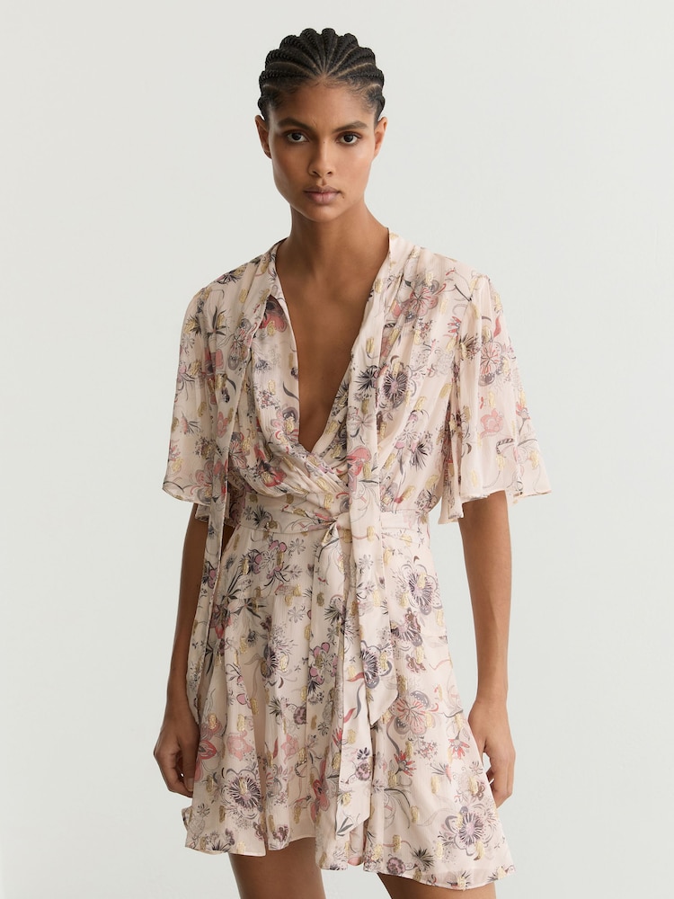 Buy Reiss Neutral Luna Metallic-Floral Flippy Mini Dress from Next Lebanon