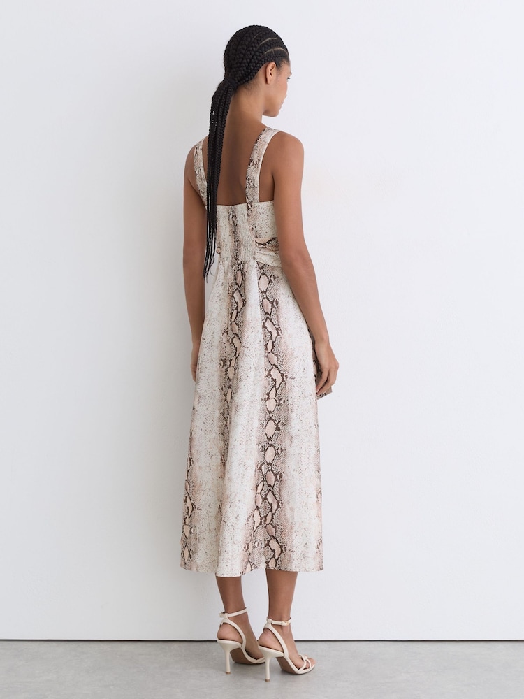 beige snake print dress J.O.A. - Beige Snake Print Satin Slip - Cowl Neck Slip Dress