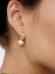 Oliver Bonas Gold Margalo Ribbed Plated Pearl Earrings - Image 4 of 4