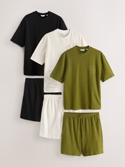 Khaki Green / Ecru White / Black - Co-ord T-Shirt And Shorts Set 3 Pack - Bild 1 von 10