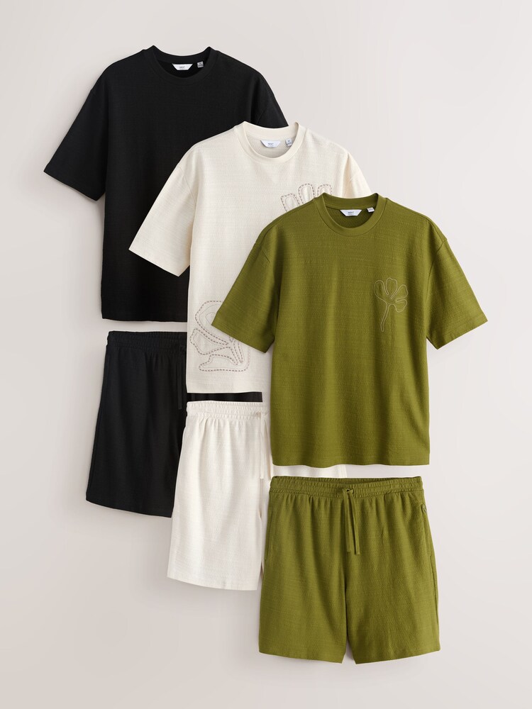 Khaki Green / Ecru White / Black - Co-ord T-Shirt And Shorts Set 3 Pack - Bild 1 von 10