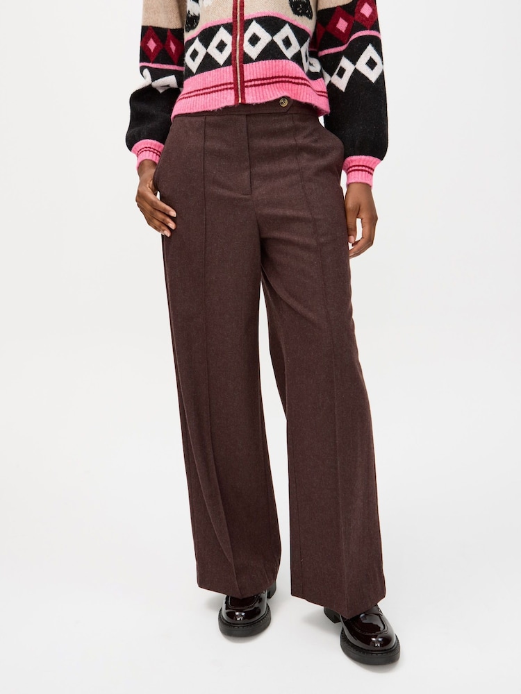 Oliver Bonas Brown Wool Blend Wide Leg Trousers - Image 1 of 7
