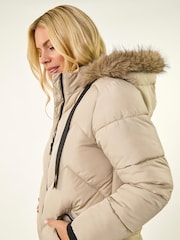 Roman White Petite Contrast Zip Puffer Coat - Image 2 of 5