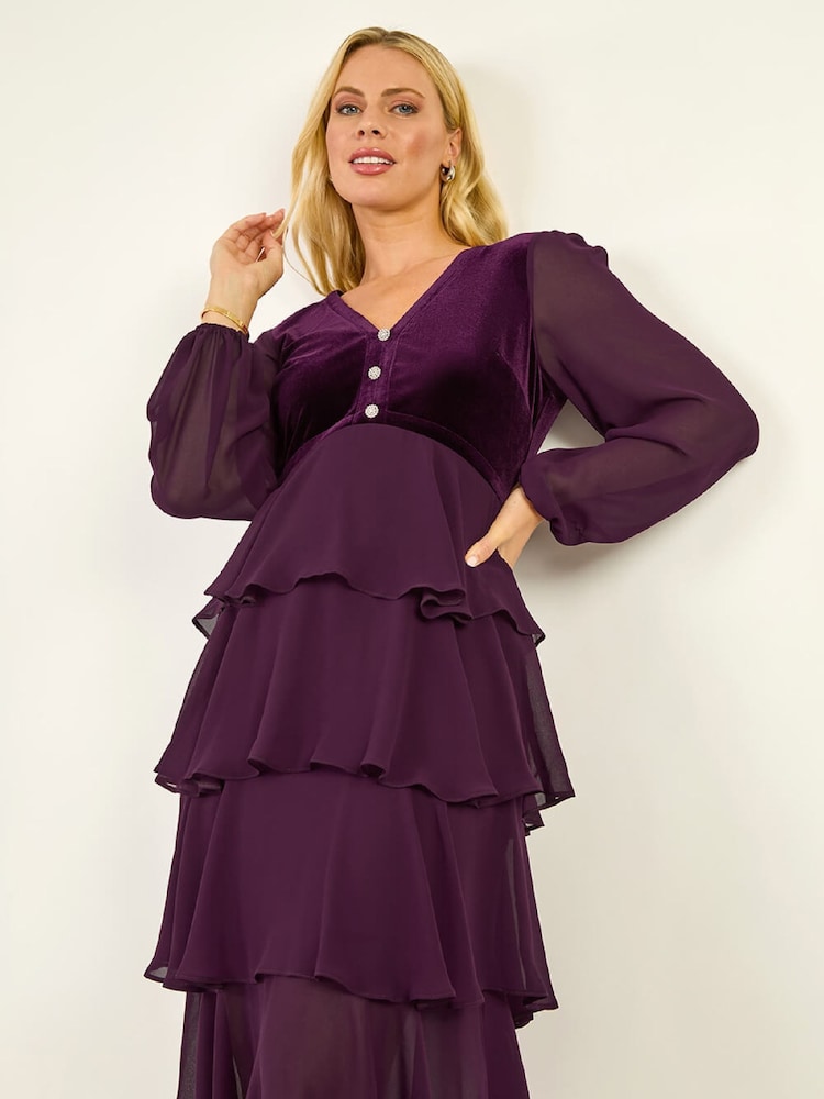 Roman Purple Petite Velvet Bodice Layered Dress - Image 1 of 5 Roman Purple Petite Velvet Bodice Layered Dress - Image 1 of 5