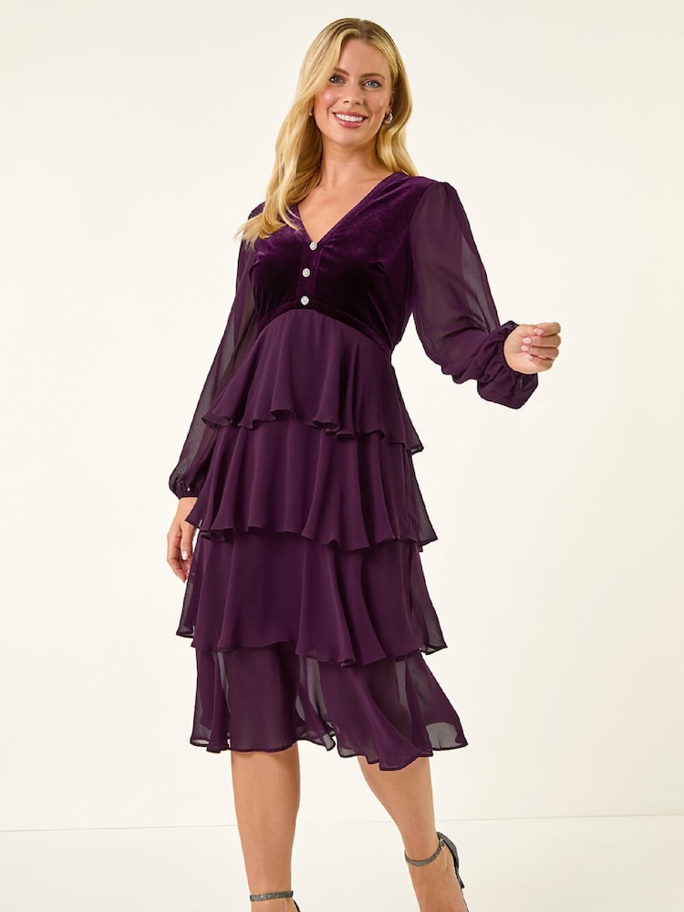 Roman Purple Petite Velvet Bodice Layered Dress - Image 2 of 5 Roman Purple Petite Velvet Bodice Layered Dress - Image 2 of 5