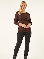 Roman Brown Petite Ruched Side Jacquard Top - Image 2 of 5