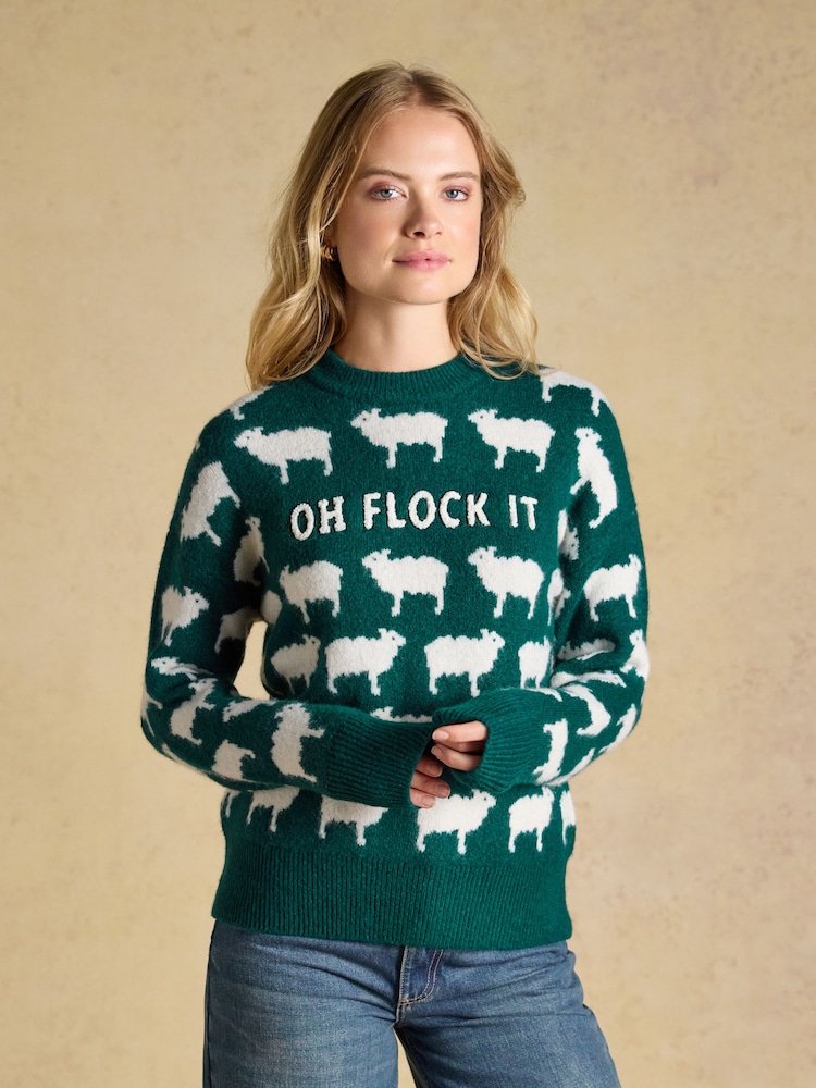 Oh Flock It Green Sheep Icon Crew Neck Knitted Jumper - Image 1 of 8 Oh Flock It Green Sheep Icon Crew Neck Knitted Jumper - Image 1 of 8