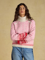 Joules Pink Patterned Knitted Jumper with Detachable Roll Neck - Image 1 of 8