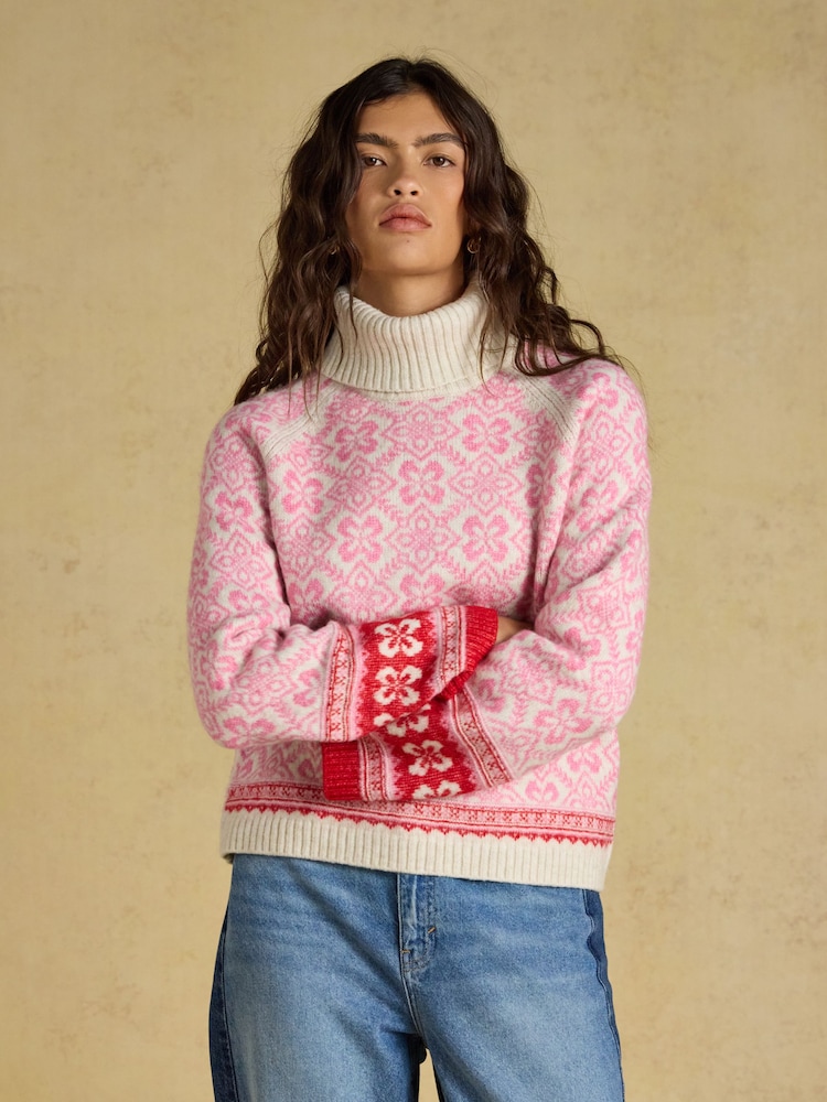 Joules Pink Patterned Knitted Jumper with Detachable Roll Neck - Image 1 of 8 Joules Pink Patterned Knitted Jumper with Detachable Roll Neck - Image 1 of 8