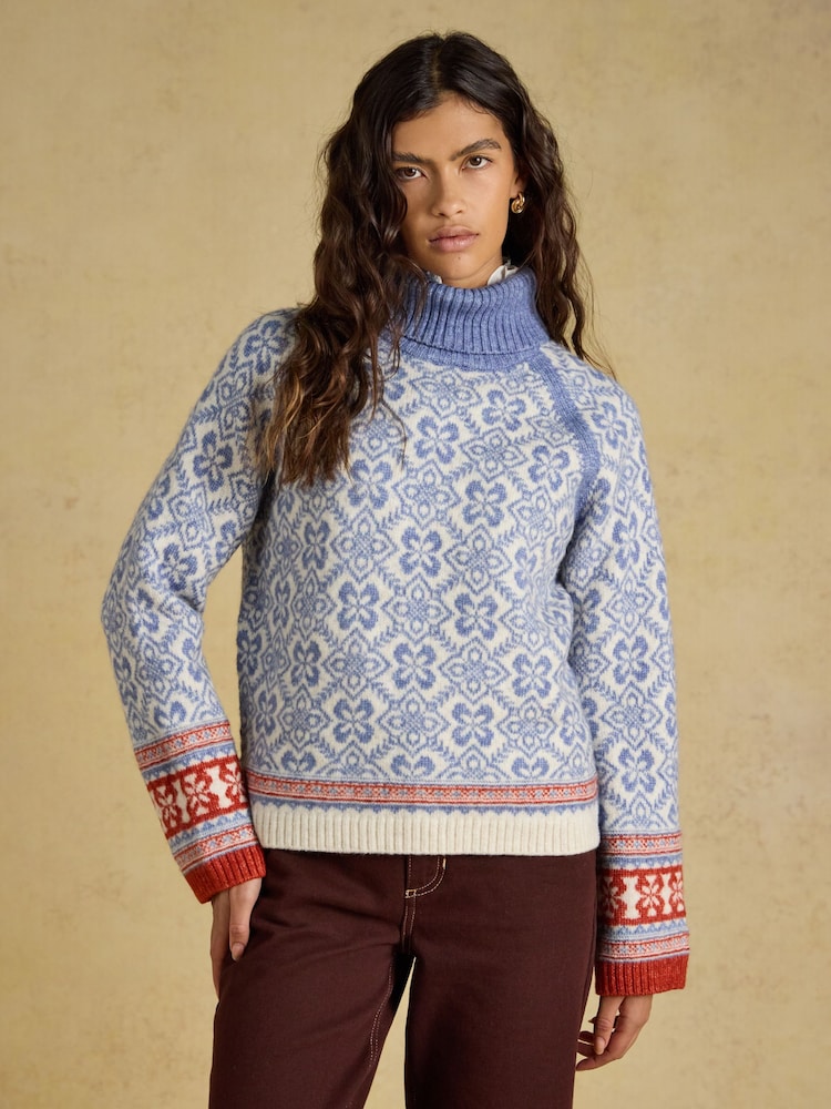 Joules Blue Patterned Knitted Jumper with Detachable Roll Neck - Image 1 of 10