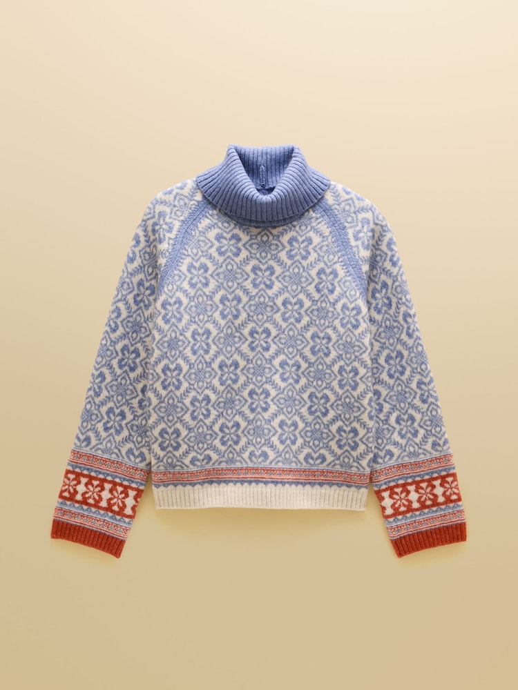 Joules Blue Patterned Knitted Jumper with Detachable Roll Neck - Image 10 of 10