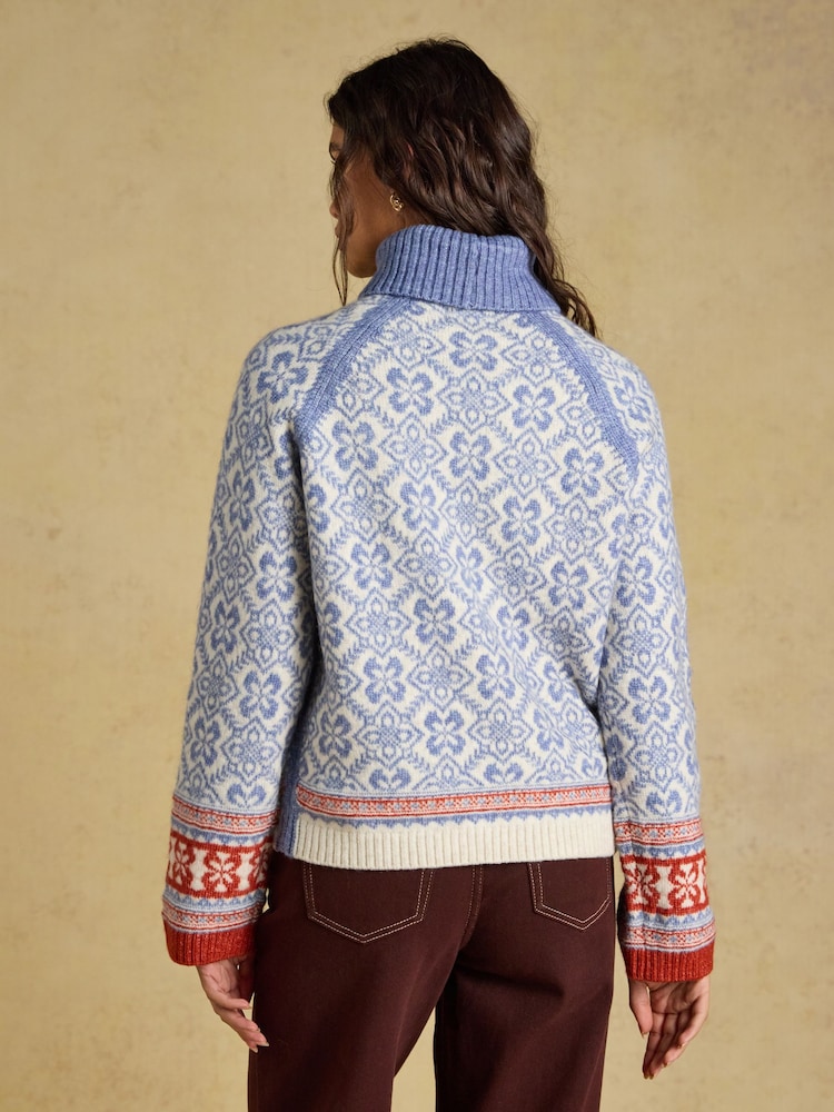 Joules Blue Patterned Knitted Jumper with Detachable Roll Neck - Image 2 of 10