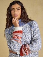 Joules Blue Patterned Knitted Jumper with Detachable Roll Neck - Image 5 of 10