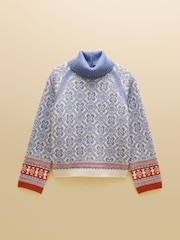 Joules Blue Patterned Knitted Jumper with Detachable Roll Neck - Image 8 of 10