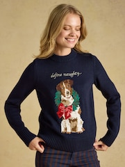 Joules Dog Navy Crew Neck Knitted Christmas Jumper - Image 1 of 7