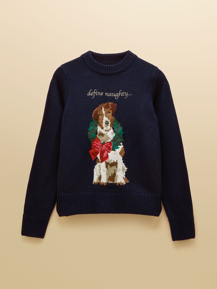 Joules Dog Navy Crew Neck Knitted Christmas Jumper - Image 7 of 7
