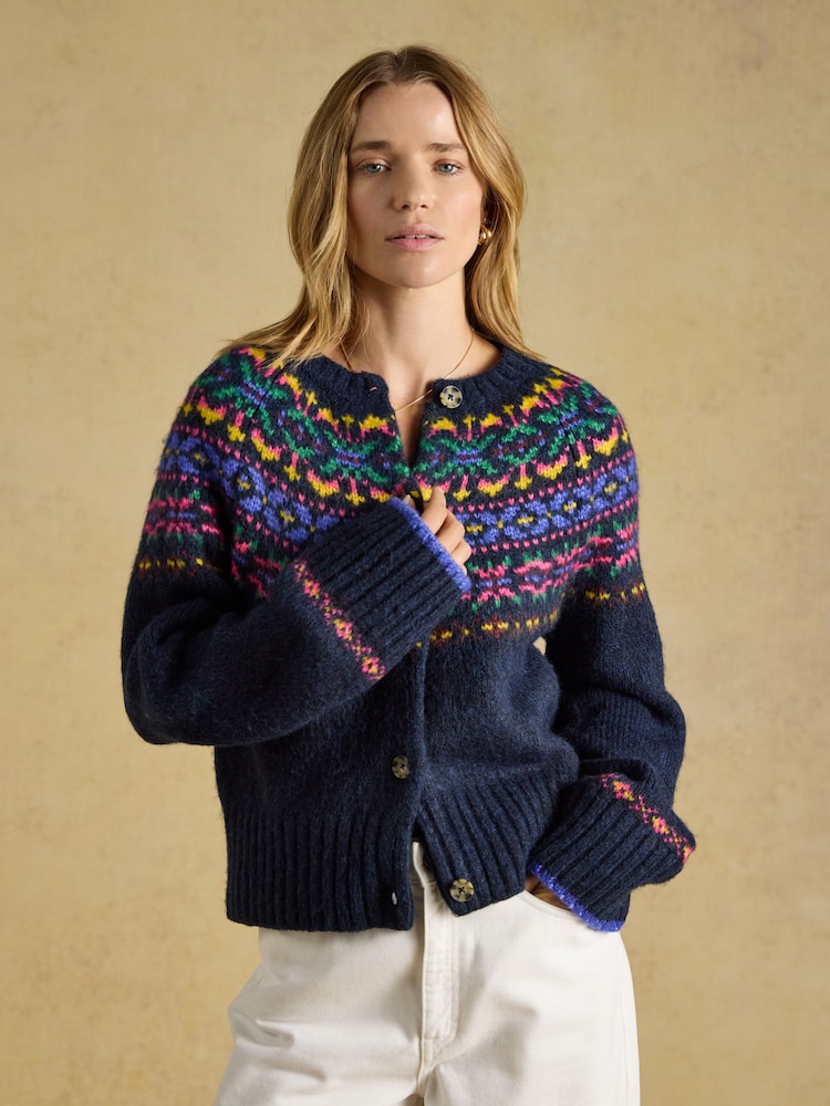 Fair Isle Navy Wool Blend Knitted Cardigan - Image 1 of 8 Fair Isle Navy Wool Blend Knitted Cardigan - Image 1 of 8