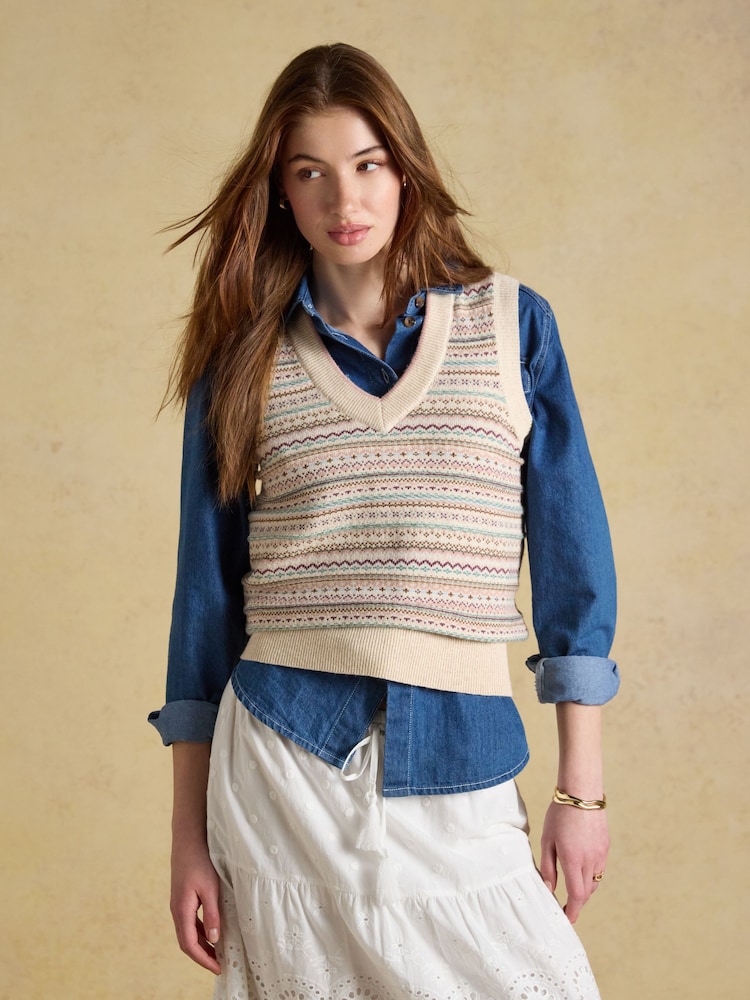 Oat Cotton Rich V-Neck Knitted Vest - Image 1 of 9 Oat Cotton Rich V-Neck Knitted Vest - Image 1 of 9