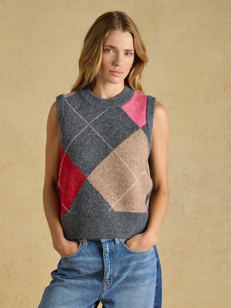 Joules Charcoal Crew Neck Argyle Tank - Image 1 of 7 Joules Charcoal Crew Neck Argyle Tank - Image 1 of 7
