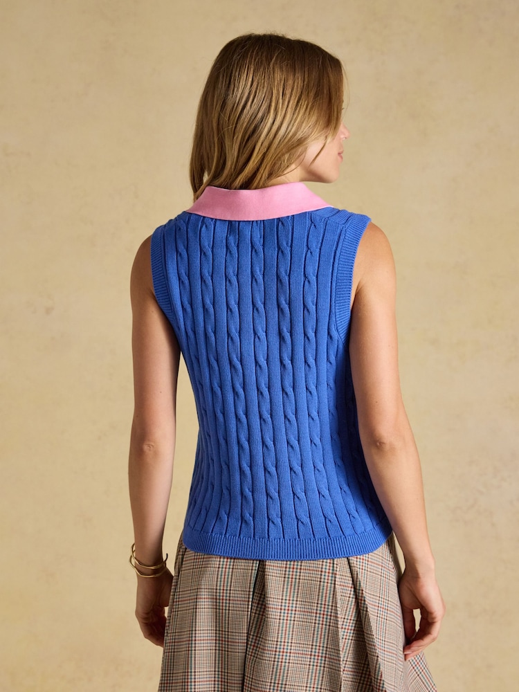 Blue & Pink Cotton Collared Cable Knitted Vest - Image 2 of 7 Blue & Pink Cotton Collared Cable Knitted Vest - Image 2 of 7