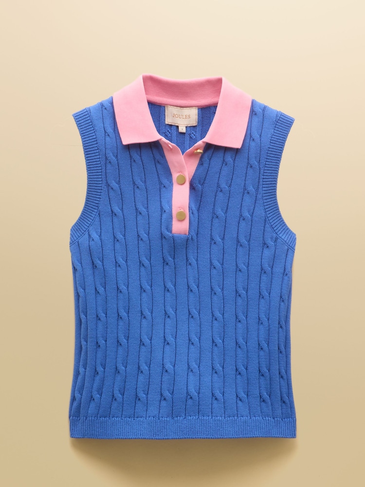 Blue & Pink Cotton Collared Cable Knitted Vest - Image 7 of 7 Blue & Pink Cotton Collared Cable Knitted Vest - Image 7 of 7