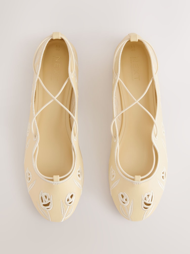 Galben - Forever Comfort® Broderie Elastic Ghillie Flat Shoes - Imaginea 1 din 9