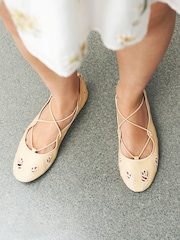 Galben - Forever Comfort® Broderie Elastic Ghillie Flat Shoes - Imaginea 2 din 9