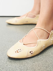 Galben - Forever Comfort® Broderie Elastic Ghillie Flat Shoes - Imaginea 3 din 9