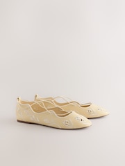 Galben - Forever Comfort® Broderie Elastic Ghillie Flat Shoes - Imaginea 6 din 9