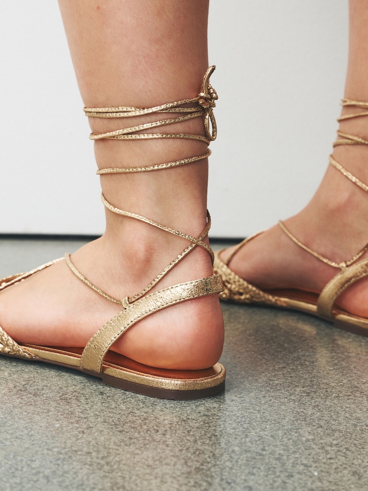 Gold Forever Comfort® Floral Weave Ankle Wrap Flats - Image 2 of 5