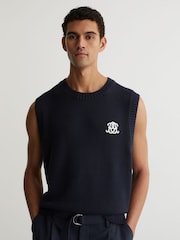 Reiss Navy Coben Monogram Embroidered Relaxed Knit Vest - Image 1 of 7