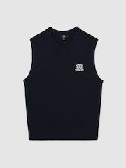 Reiss Navy Coben Monogram Embroidered Relaxed Knit Vest - Image 2 of 7
