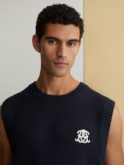 Reiss Navy Coben Monogram Embroidered Relaxed Knit Vest - Image 5 of 7