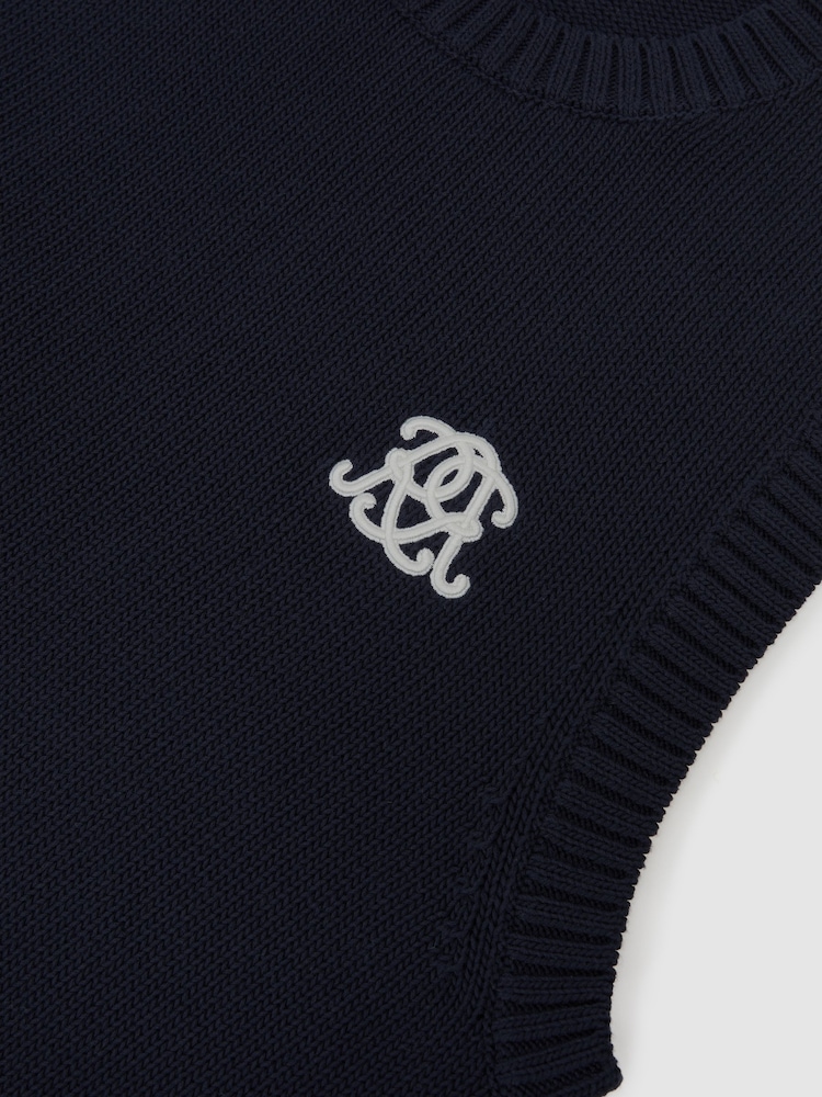 Reiss Navy Coben Monogram Embroidered Relaxed Knit Vest - Image 7 of 7 Reiss Navy Coben Monogram Embroidered Relaxed Knit Vest - Image 7 of 7