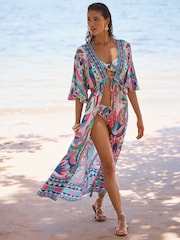 Love & Roses Blue Abstract Print Midi Kaftan Cover-Up - Image 1 of 4