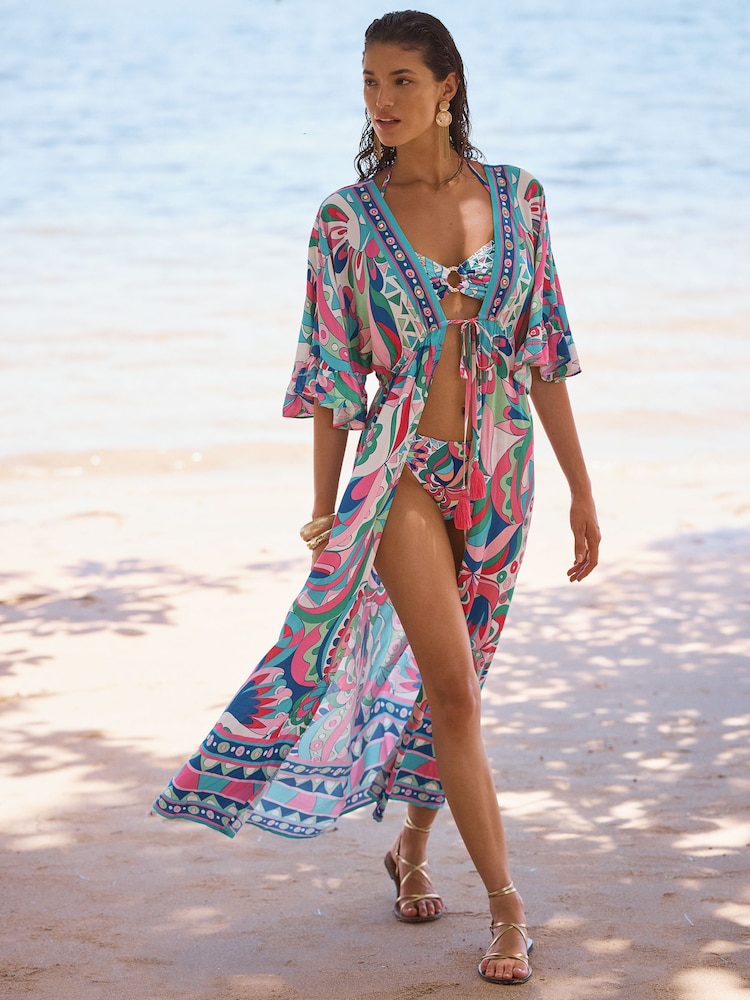 Love & Roses Blue Abstract Print Midi Kaftan Cover-Up - Image 1 of 4