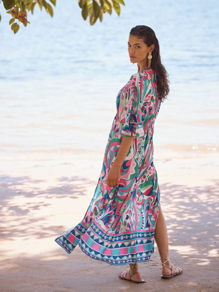 Love & Roses Blue Abstract Print Midi Kaftan Cover-Up - Image 4 of 4