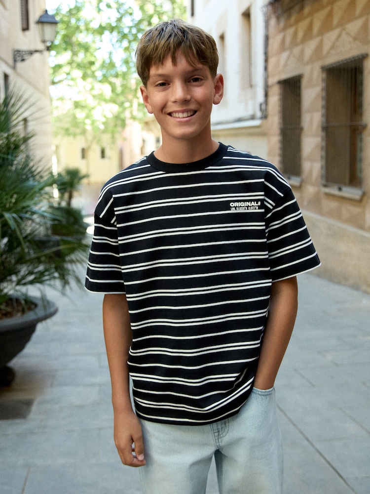 Black/White Stripe Short Sleeve Graphic T-Shirt (3-16yrs) - Image 1 of 7
