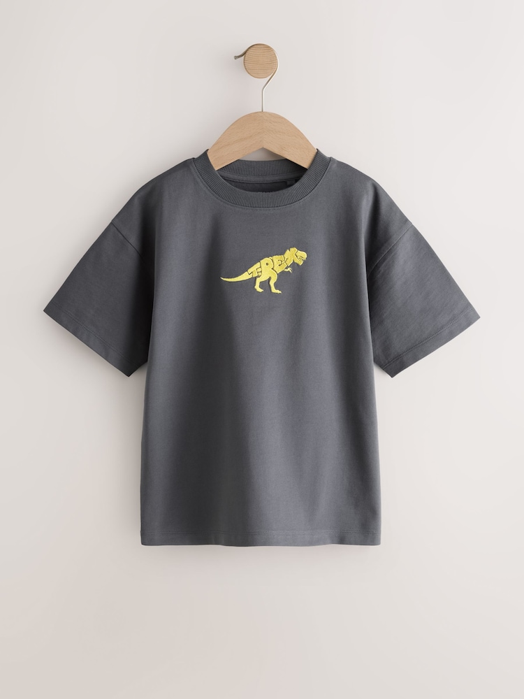 Charcoal Dino Embroidery Short Sleeve Graphic T-Shirt (3-16yrs) - Image 1 of 4 Charcoal Dino Embroidery Short Sleeve Graphic T-Shirt (3-16yrs) - Image 1 of 4