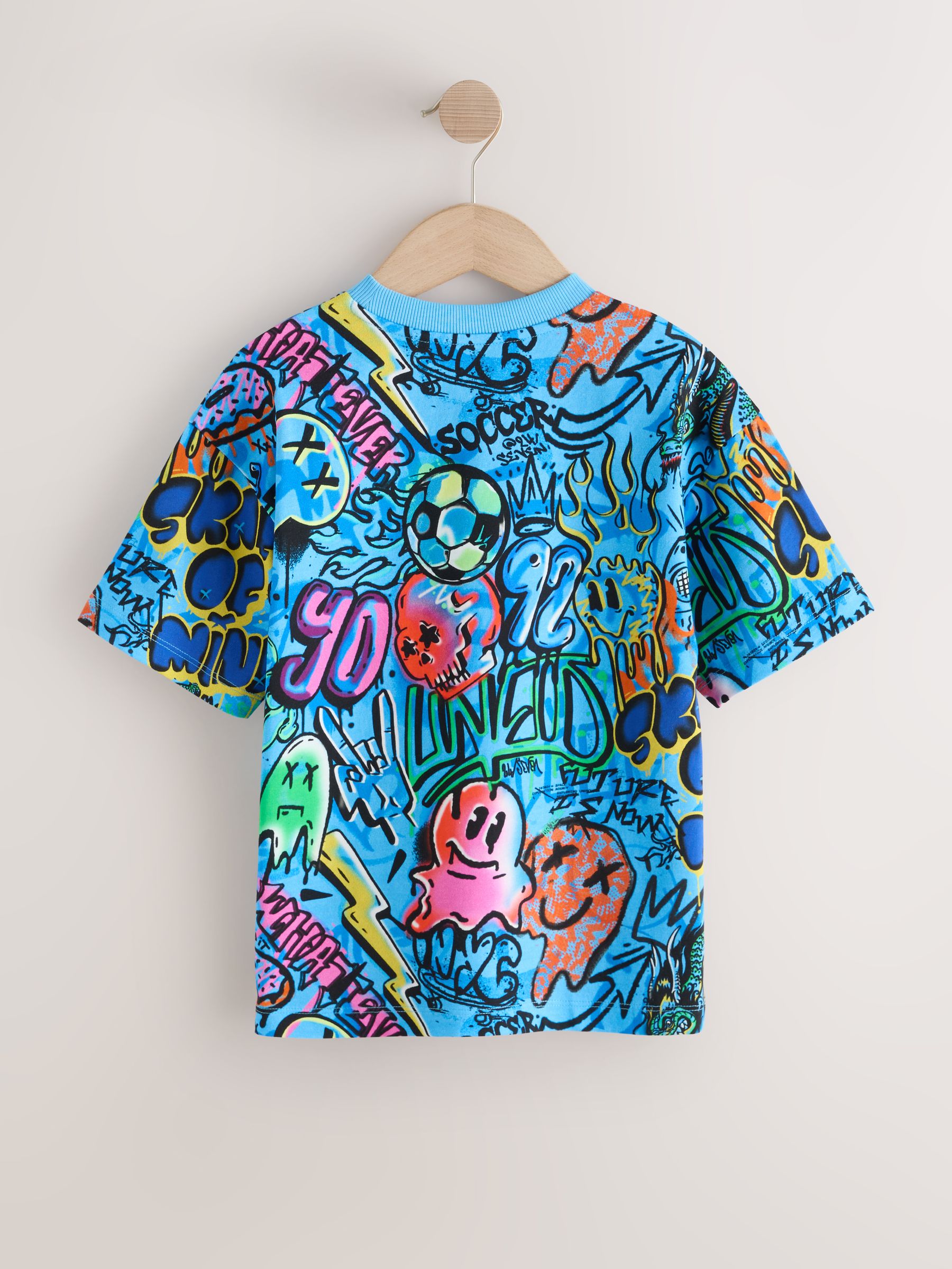 Buy Blue Graffiti Relaxed Fit Short Sleeve All-Over Print T-Shirt