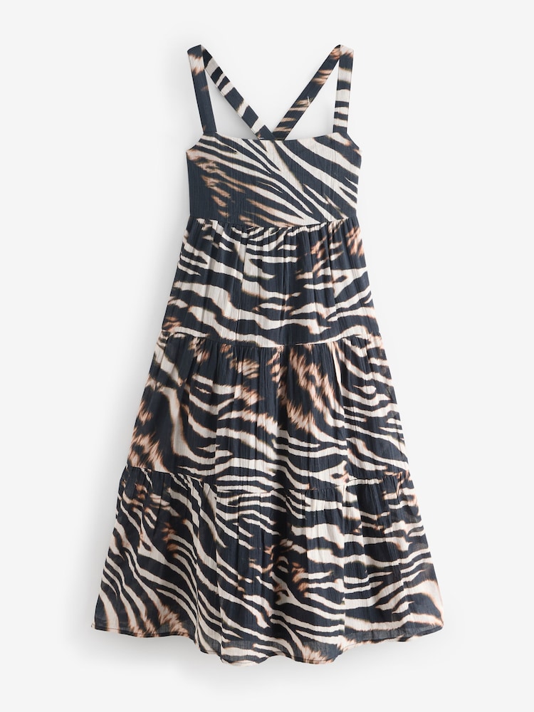 Brown Zebra Print Strappy Tiered Dress - Image 1 of 1 Brown Zebra Print Strappy Tiered Dress - Image 1 of 1