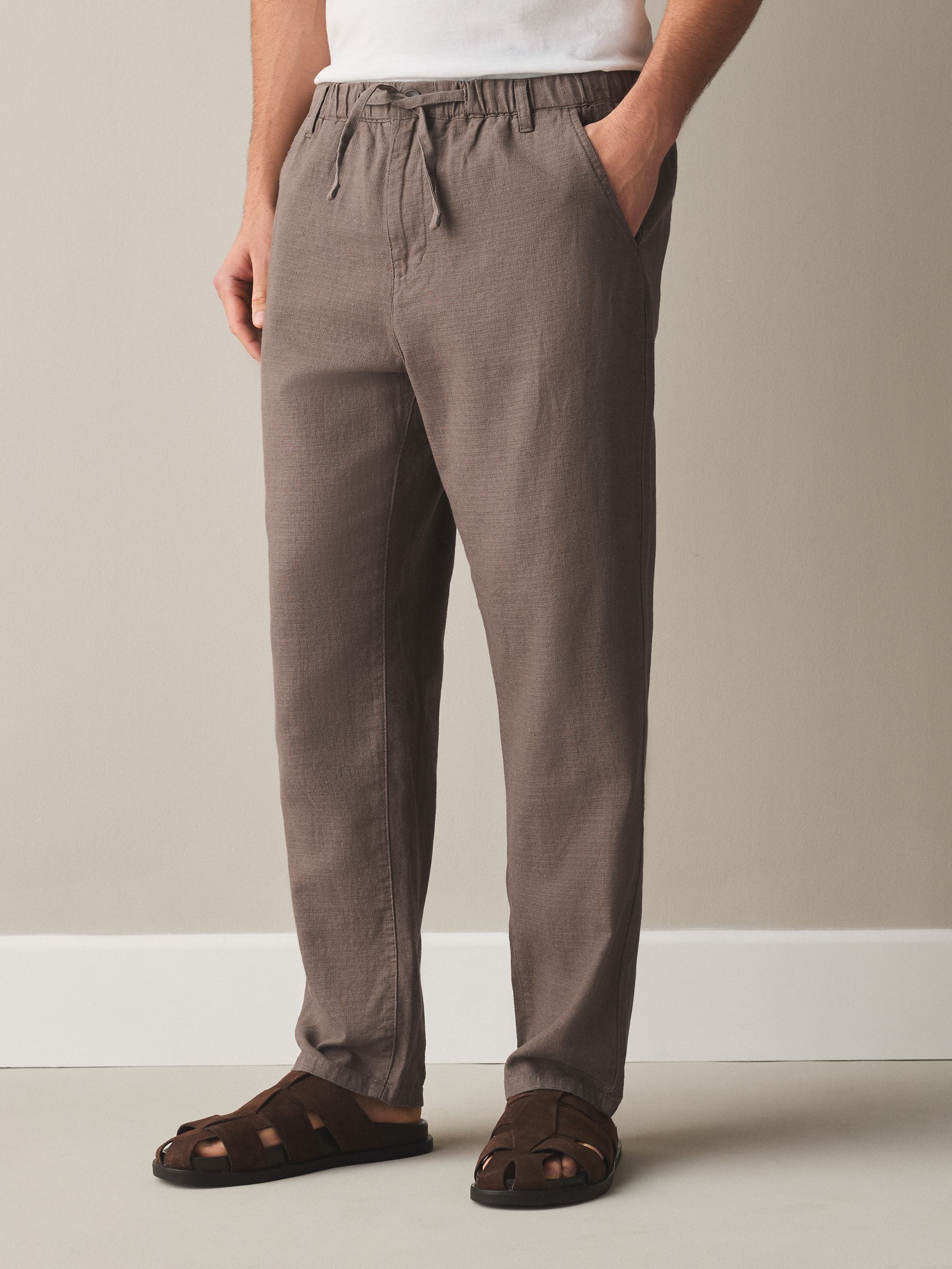 Buy Mushroom Brown Regular Tapered Fit Linen Rich Blend Textured