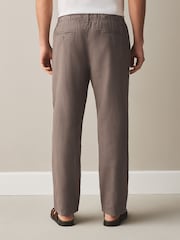 Mushroom Brown Regular Tapered Fit Linen Rich Blend Textured Trousers With Elasticated Waist - Image 4 of 9
