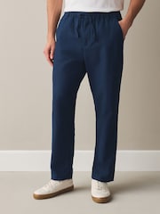 Indigo Blue Regular Tapered Fit Linen Rich Blend Textured Trousers With Elasticated Waist - Image 2 of 8