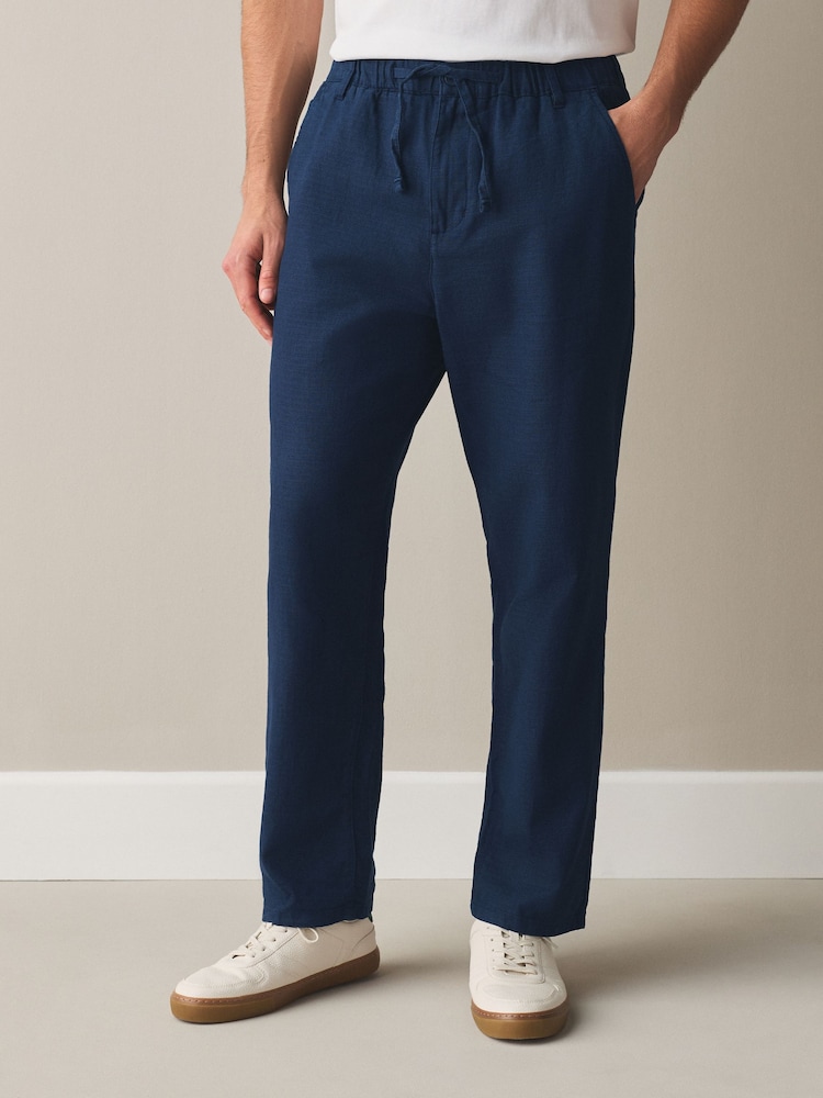 Indigo Blue Regular Tapered Fit Linen Rich Blend Textured Trousers With Elasticated Waist - Image 2 of 8